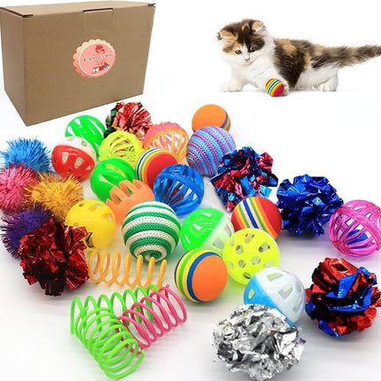 LASOCUHOO Cat Toys Kitten Assortment - Rainbow, Crinkle, Sparkle, Bell & Sisal Balls for All Cats - 30 Packs