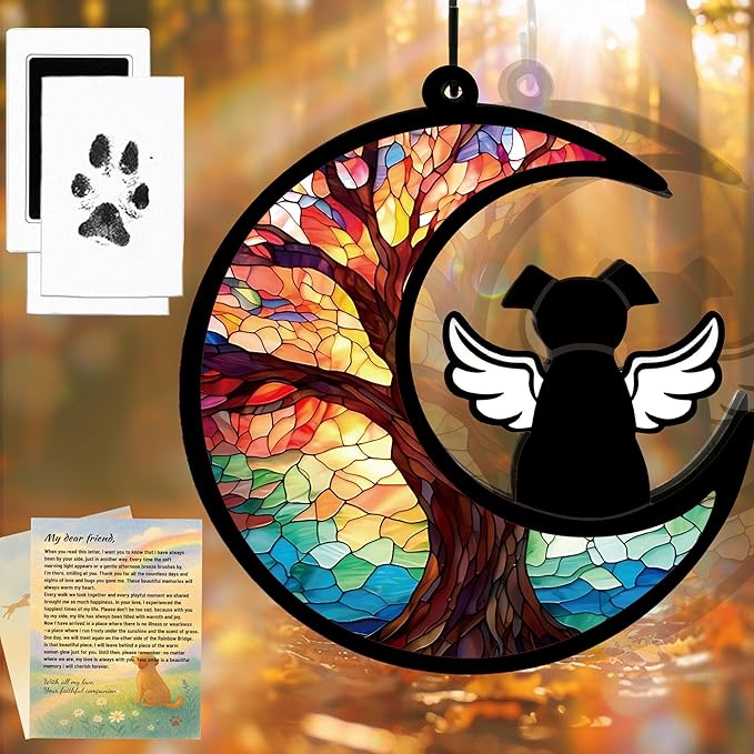 Dog Memorial Gift for Loss of Dog – DIY Angel Memorial Suncatcher & Paw Print Kit for Dogs with Sympathy Card | Pet Memorial Keepsake(Tree Life)