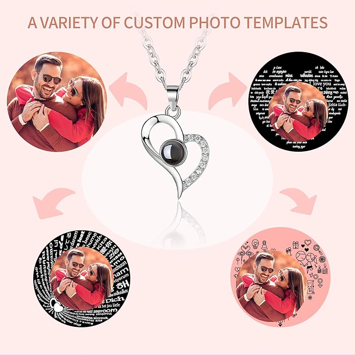 Easycosy Personalized Picture Necklace Projection Necklace with Photo Inside - Custom Photo Heart Pendant Necklace - Photo Gifts Valentines Birthday Love Memorial Gifts for Girlfriend Wife Women