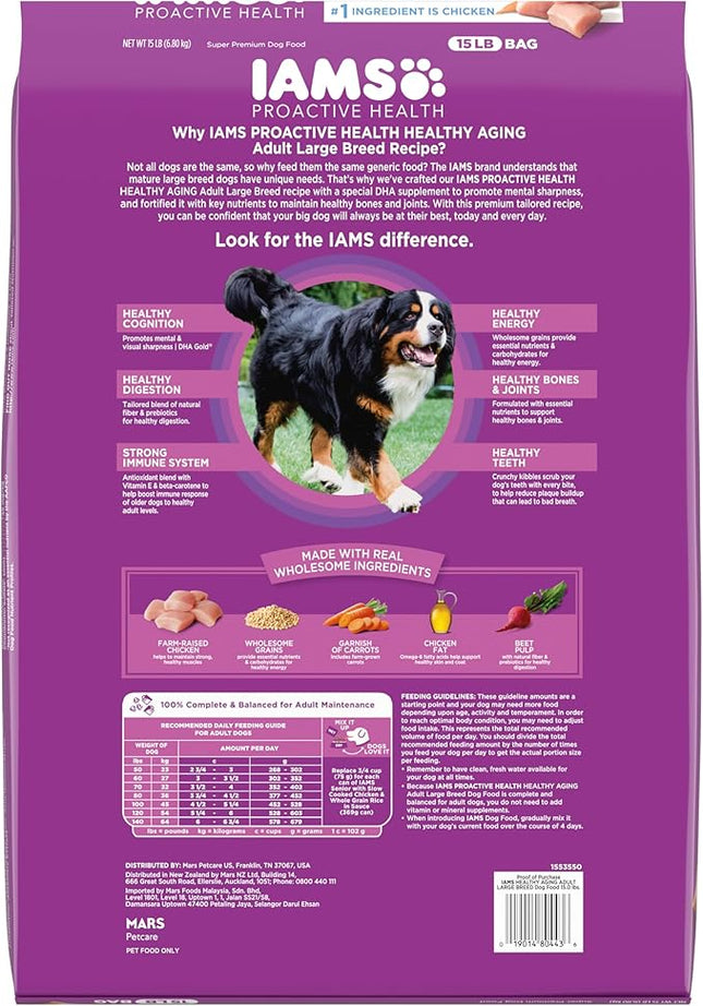 IAMS Proactive Health Healthy Aging Large Breed Dog Food for Mature and Senior Dogs with Real Chicken, 15 lb. Bag