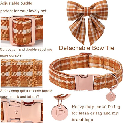 Fall Plaid Dog Collar and Bow Tie Set – Brown Orange Checkered Adjustable Collar with Maple Leaf Charm for Small Medium Large Dogs, Soft Cotton Puppy Collar with Quick Release Buckle