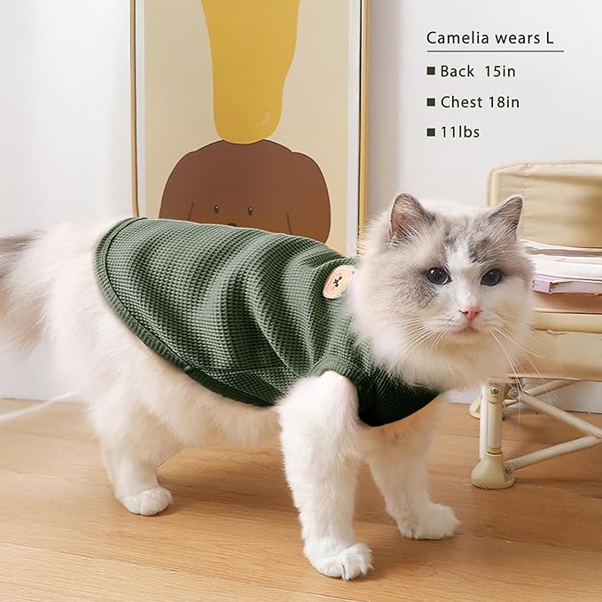 Waffle Knit Cat & Dog T Shirt for Small Dogs, Stretchable Puppy Shirt for Sphynx Cats & Small Breeds, Pet Clothes | Breathable Summer/Winter Apparel for Newborn(Green Medium)