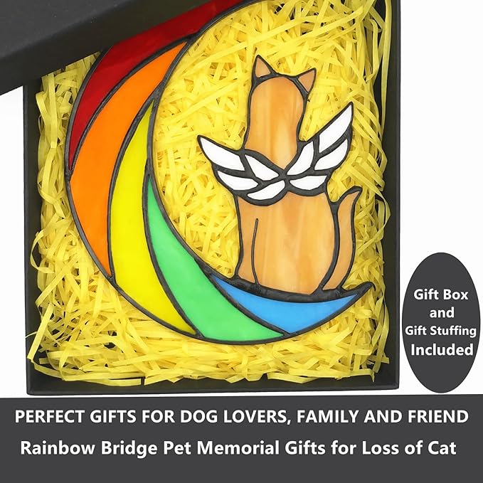 Orange Cat Memorial Gifts for Loss of Cat Mom Sympathy Bereavement, Rainbow Bridge Pet Memorial Gifts Stained Glass Window Hangings