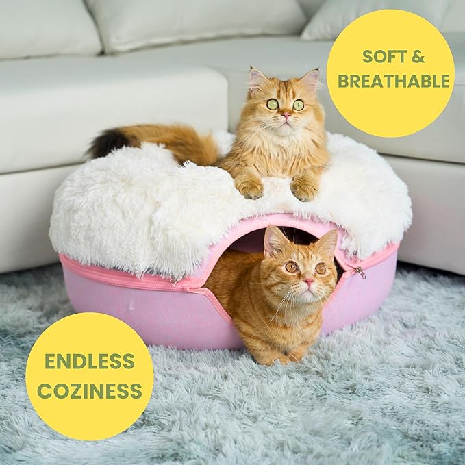 CATTASAURUS Peekaboo Cat Cave for Multiple & Large Cats Up to 30-45 Lbs, Fluffy Cat Beds for Indoor Cats, Scratch Detachable & Washable Tunnel Bed, Comfy Donut Cave (Pink, Large (Calming))
