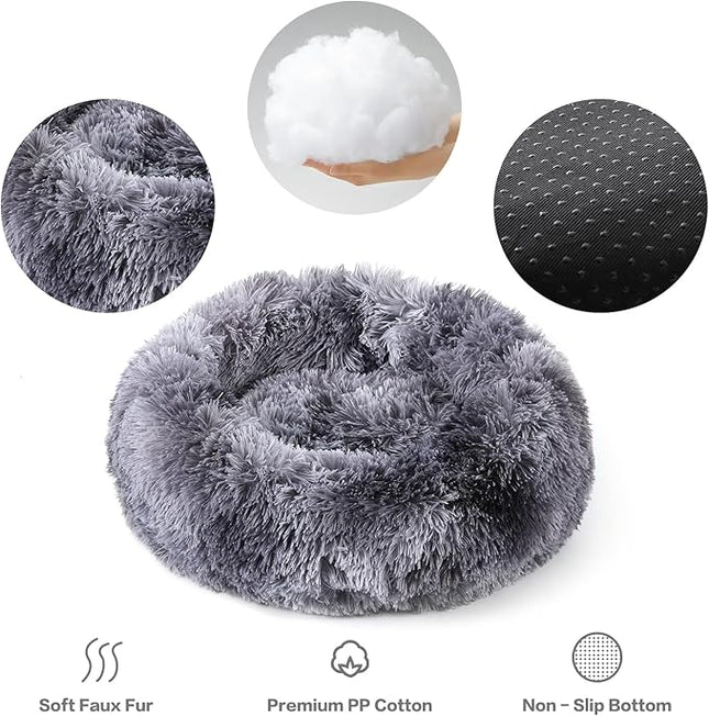 NOYAL Calming Donut Dog Bed for Small to Medium Dogs & Cats - Plush Faux Fur Anti-Anxiety Pet Bed with Machine Washable Cover & Non-Slip Base