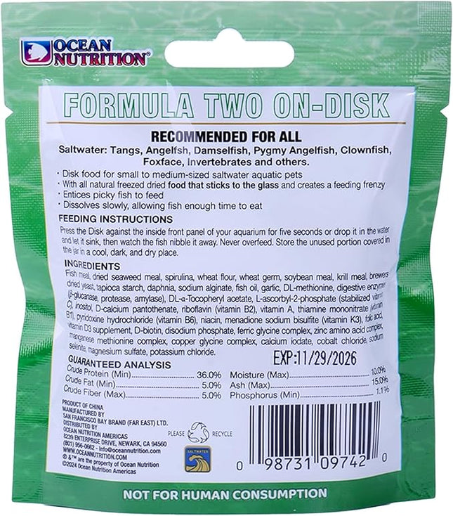 Ocean Nutrition Fish Food Formula Two On-Disk - All-Natural Fish Food for Saltwater Omnivore, Tangs, Angels, Clownfish, Pygmy Angelfish, High Protein (36%), 0.37 oz (10.5 g), Small Size
