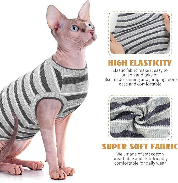 BRKURLEG Hairless Cats T Shirt, Cat Sweaters, Pullover Kitten Shirts, Sleeveless Round Collar Cotton Vest for Cornish Rex Devon Rex Peterbald and Small Dogs Sweater(Grey Stripes, S)
