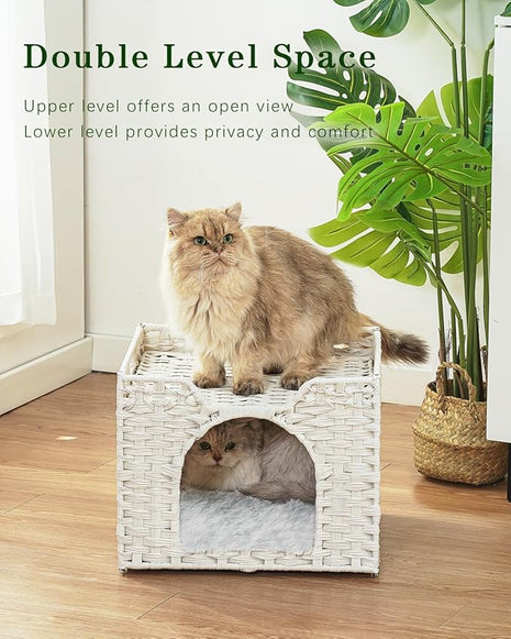 Cat Beds Indoor Kitten House, Handwoven Rattan Cat Cave Pet Cube, Large Cat Houses, One Bed Mat, Foldable, Hideaway, 16.5x16.5x13.2 Inches, 2 S-Shaped Hooks in Living Room Bedroom White