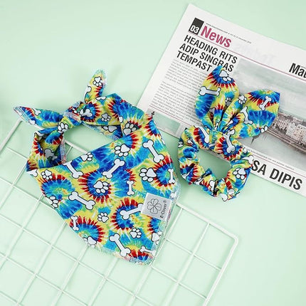 E-Clover Rainbow Dog Bandanas & Matching Scrunchie Set Girl Cute Pride Dog Scarf Bibs Pet Bandana with Bow Tie for Small Dogs Puppy Owner Mom Spring