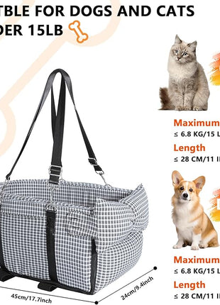 Center Console Dog Car Seat Dog Bed for Car Console Portable Armrest Booster Seat Carrier for Small Medium Dogs Anti-Collapse for Puppy Pet Up to 15 Lbs（Grid Black）