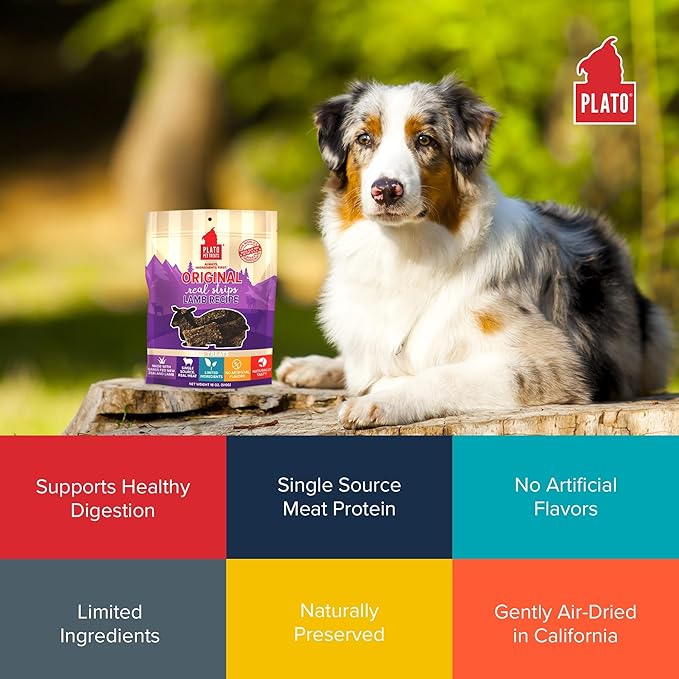 PLATO Pet Treats Real Strips - Air-Dried Meat Bars for Dogs - Delicious, Limited Ingredient Dog Treats - Grain Free - Original Real Strips Lamb 6oz