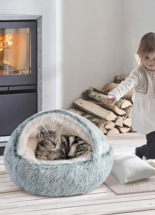 CATISM Cozy Cat Pod - Plush Hooded Cat Bed Cave, Self Warming, Removable Washable with Non-Slip Bottom