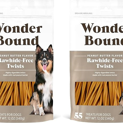 Amazon Brand - Wonder Bound Peanut Butter Flavor Rawhide Free Twists Dog Treats, Long-Lasting, Easily Digestible Dental Health Chews, 55 Count, 12 Ounces (Pack of 2)