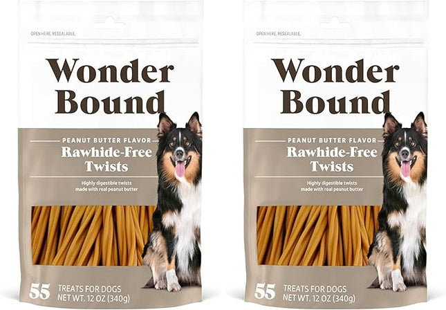 Amazon Brand - Wonder Bound Peanut Butter Flavor Rawhide Free Twists Dog Treats, Long-Lasting, Easily Digestible Dental Health Chews, 55 Count, 12 Ounces (Pack of 2)