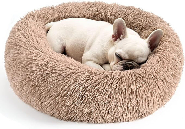 Dogs Bed for Small Dogs, Anti-Anxiety Washable Round Bed (Camel, 24.0" L x 24.0" W x 8.0" Th)