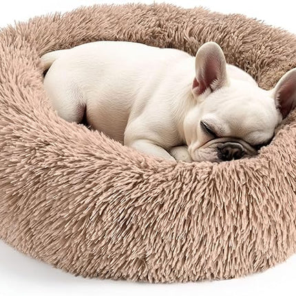 Hoewina Dog & Cat Bed for Indoor Cats, 20in Calming Donut Bed for Puppy and Kitten, Washable Round Fluffy Pet Bed for Small Medium Dogs and Cats (Camel)