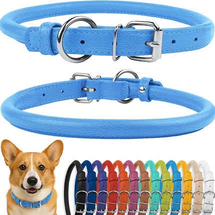 CollarDirect Rolled Leather Dog Collar, Soft Padded Round Puppy Collar, Handmade Genuine Leather Collar Dog Small Large Cat Collars 13 Colors (11-14 Inch, Light Blue Textured)