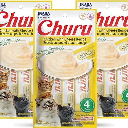 INABA Churu Cat Treats, Grain-Free, Lickable, Squeezable Creamy Purée Cat Treat/Topper with Vitamin E & Taurine, 0.5 Ounces Each Tube, 12 Tubes (4 per Pack), Chicken with Cheese Recipe