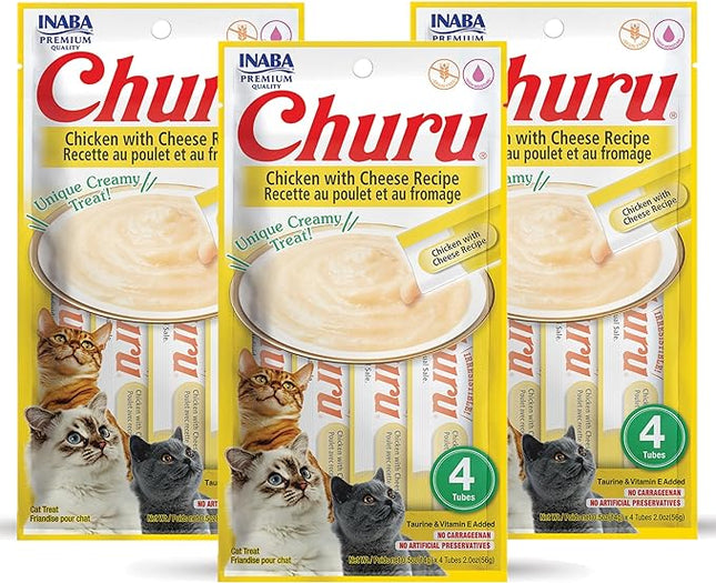 INABA Churu Cat Treats, Grain-Free, Lickable, Squeezable Creamy Purée Cat Treat/Topper with Vitamin E & Taurine, 0.5 Ounces Each Tube, 12 Tubes (4 per Pack), Chicken with Cheese Recipe