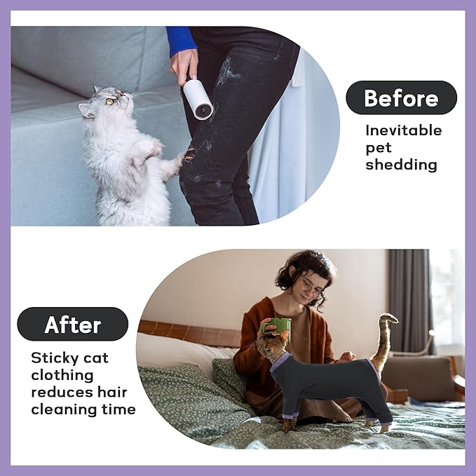 PUMYPOREITY Sticky Hair Cat Clothes, Prevent Hair Loss Cat Pajamas, Soft Cat Sweaters for Cats Only, Cat Hair Sticky Onesie, Cat Recovery Suit After Surgery, Black, L