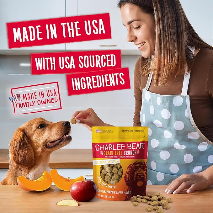 Charlee Bear Crunch Grain Free Dog Treats, Chicken, Pumpkin and Apple, 2 Ounce Resealable Bag, Low Calorie Training Treats for Dogs, Limited Ingredient, Healthy, Crunchy Dog Snacks, Made in USA