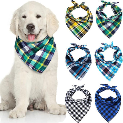 Honoson 6 Pieces Triangle Dog Bandana Dog Scarf Plaid Printing Adjustable Bibs Scarf Washable Square Kerchief Bandana Set for Small to Medium Puppy Cat(16.1 Inch,Mature Style)