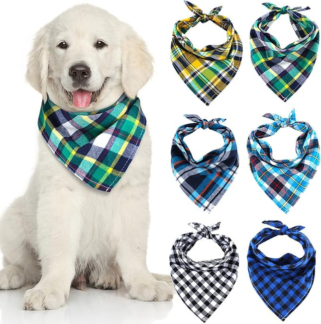 Honoson 6 Pieces Triangle Dog Bandana Dog Scarf Plaid Printing Adjustable Bibs Scarf Washable Square Kerchief Bandana Set for Small to Medium Puppy Cat(16.1 Inch,Mature Style)