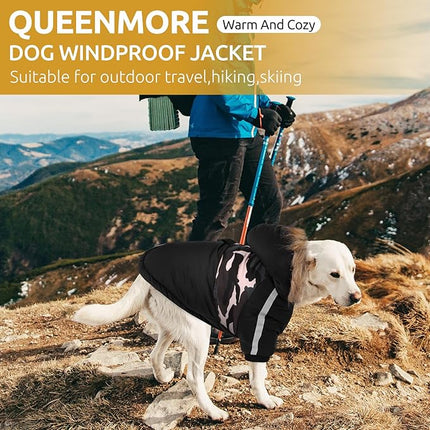 Queenmore Warm Dog Winter Coat, Cold Weather Waterproof Dog Snow Jacket, Reflective Dogs Hoodie with Long Sleeves for Small Medium and Large Dogs