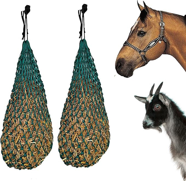 Majestic Ally 2 pcs Ultra Slow Feed 1.5"x1.5" Holes 40” Hay Net for Horses and livestocks. (Hunter Green)