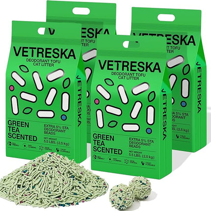 VETRESKA Tofu Cat Litter, Natural Kitty Litter Strong Clumping Flushable Cat Litter Pellets Ultra Absorbent, Odor Control, Dust-Free, Low Tracking Eco-Friendly Tofu Litter, Greentea(5.5lb×4bags)