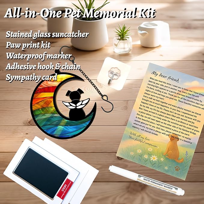 Dog Memorial Gift for Loss of Dog – DIY Angel Memorial Suncatcher & Paw Print Kit for Dogs with Sympathy Card | Pet Memorial Keepsake(Rainbow Bridge)