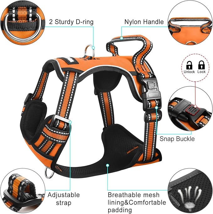 WINSEE Dog Harness No Pull, Pet Harnesses with Dog Collar, Adjustable Reflective Oxford Outdoor Vest, Front/Back Leash Clips for Small, Medium, Large, Extra Large Dogs, Easy Control Handle for Walking
