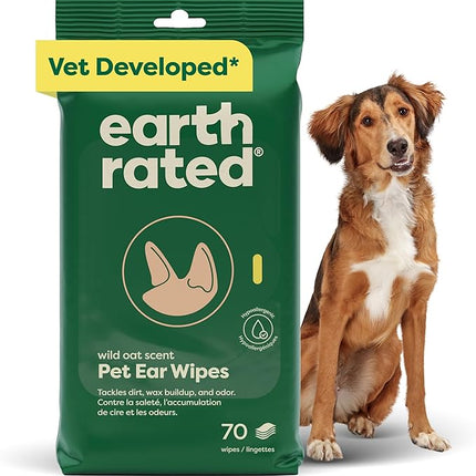 Earth Rated Vet-Developed Pet Ear Wipes, Hypoallergenic Cleaner for Dogs & Cats Ears to Remove Dirt and Wax Build Up, Wild Oat Scent, 70 Count