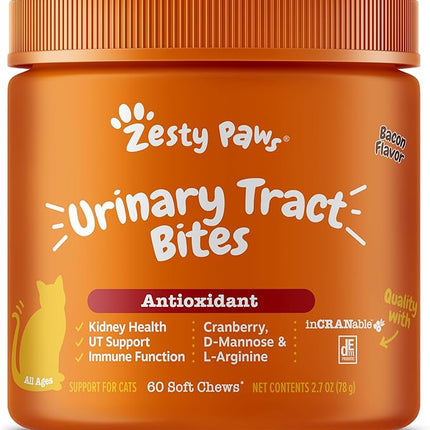 Zesty Paws Cranberry Urinary Tract Bites for Cats - Kidney & Urinary Tract Health - Soft Chews with D-Mannose, Vitamin B6 & L-Arginine - Immune & Gut Support - Bacon - 60 Count