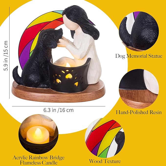 Dog Memorial Gifts with Rainbow Bridge,Hand-Sculpted Resin Pet Loss Sympathy Gift with LED Candle Holder, Home Decor for Pet Owners