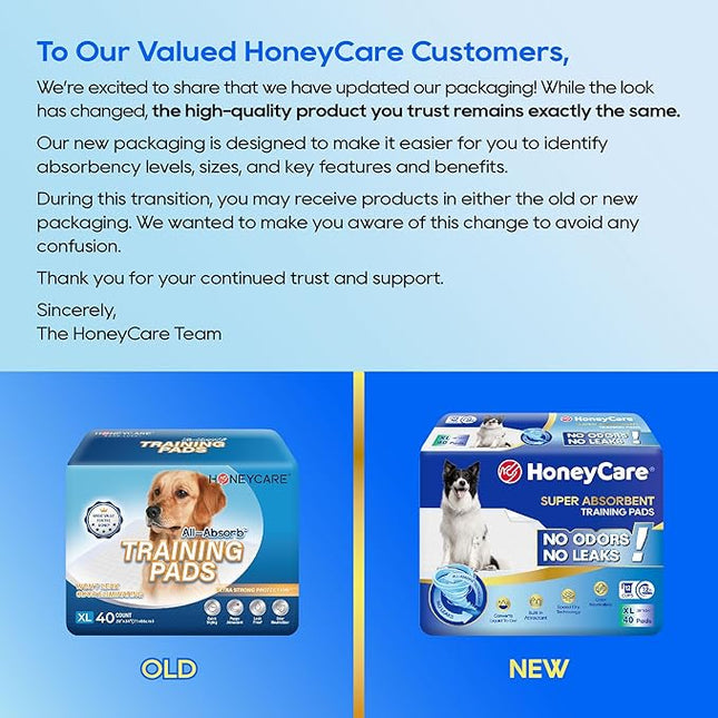 HONEY CARE All-Absorb, X-Large 28" x 34", 40 Count, Dog and Puppy Training Pads, Ultra Absorbent and Odor Eliminating, Leak-Proof 5-Layer Potty Training Pads with Quick-Dry Surface, Blue