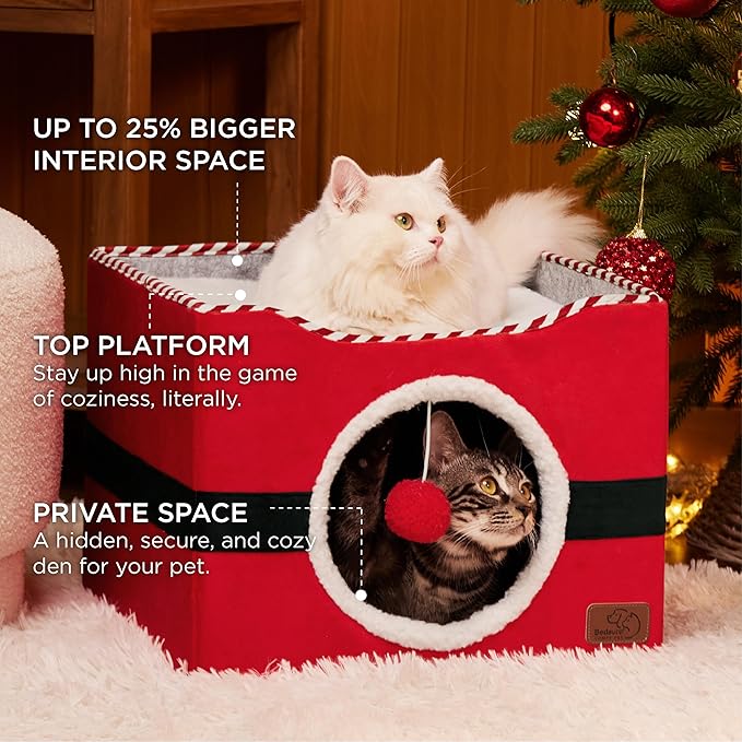 Bedsure Cat Beds for Indoor Cats - Large Cat Cave for Pet Cat House with Fluffy Ball Hanging and Scratch Pad, Foldable Cat Hideaway, 16.5x16.5x13 inches,Red