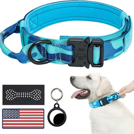 Hotsky Tactical Dog Collar, Adjustable Military Training Nylon Airtag Collar with Handle and Heavy Duty Metal Buckle for Medium Large Dogs, with Airtag Holder and Two Patches（Blue Camo,XL）