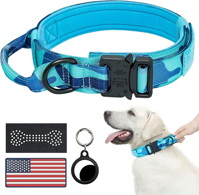 Hotsky Tactical Dog Collar, Adjustable Military Training Nylon Airtag Collar with Handle and Heavy Duty Metal Buckle for Medium Large Dogs, with Airtag Holder and Two Patches（Blue Camo,XL）