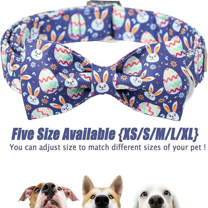 Easter Dog Collar with Bow Tie- Adjustable Easter Bunny Eggs Dog Collar Cute Rabbit Bowtie Metal Buckle Puppy Collars for Small Medium Large Dogs XS