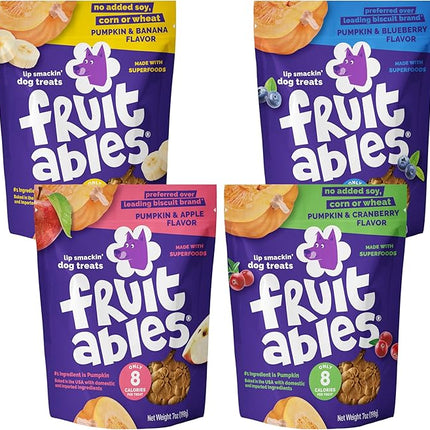 Fruitables Baked Dog Treats Variety 4 Pack (Pumpkin & Apple, Banana, Blueberry, Cranberry) - 7 oz (4 Pack)