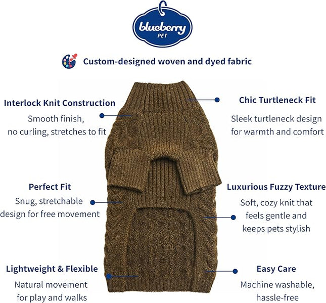 Blueberry Pet Classic Fuzzy Textured Knit Pullover Turtle-Neck Dog Sweater in Dark Olive - Award-Winning Christmas Sweater for Small Dogs 10"