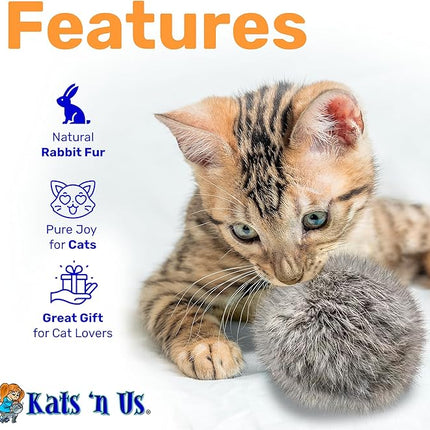 Kats'N Us 2 Inch Real Rabbit Fur Pom Pom Cat Toys – Pack of 5 Soft Gray Furry Balls, Natural Prey-Like Interactive Play, Hunting Instinct Exercise & Training Toys for Indoor Cats