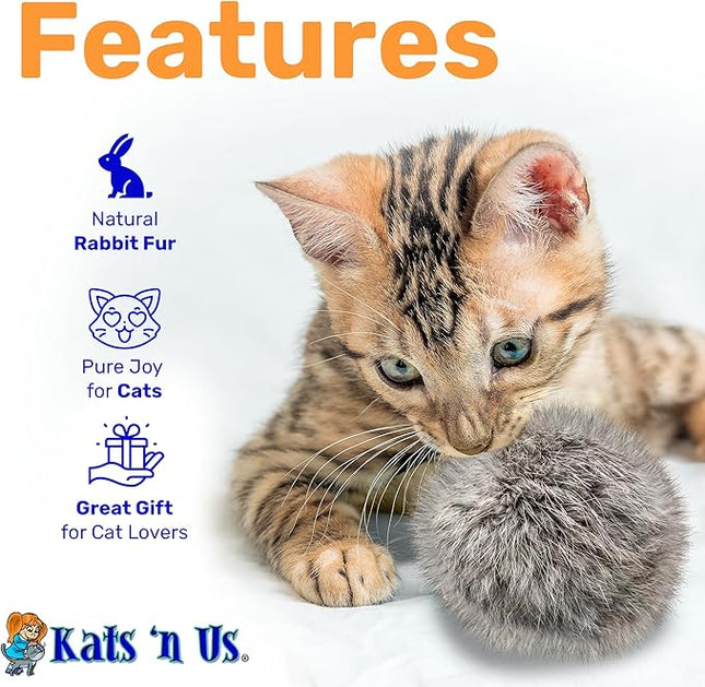 Kats'N Us 2 Inch Real Rabbit Fur Pom Pom Cat Toys – Pack of 5 Soft Gray Furry Balls, Natural Prey-Like Interactive Play, Hunting Instinct Exercise & Training Toys for Indoor Cats