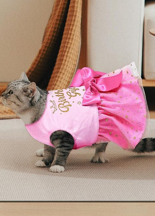 Birthday Dog Dress, Princess Dog Dress Tulle Puppy Skirt Doggie Birthday Outfit Pink Clothes for Small Dogs, Cat Pet Apparel (Large, Birthday)