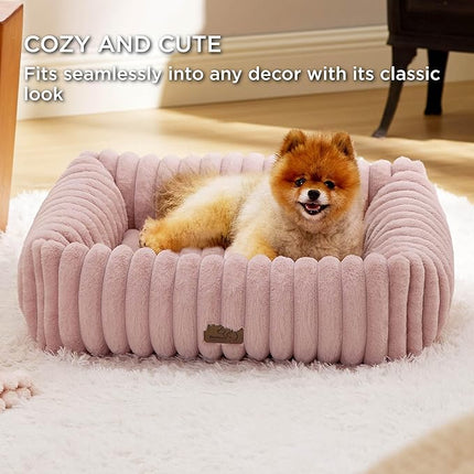 Bedsure Washable Dog Bed for Medium Dogs - Cute Furry Puppy Beds, Rectangle Orthopedic Corduroy Fleece Pet Beds with Removable Zipper Cover, 30x24x8inches, Blush Pink
