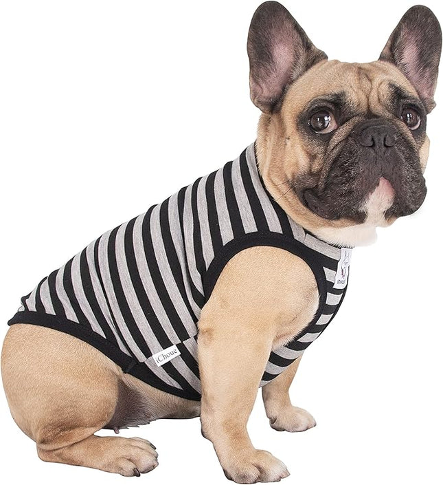iChoue English Bulldog 100% Breathable Cotton Striped T Shirts Halloween Vest Clothes for Medium Dogs Tank Tops French Frenchie Pug Boston Terrier Pitbull Grey Black Stripes - XXLarge