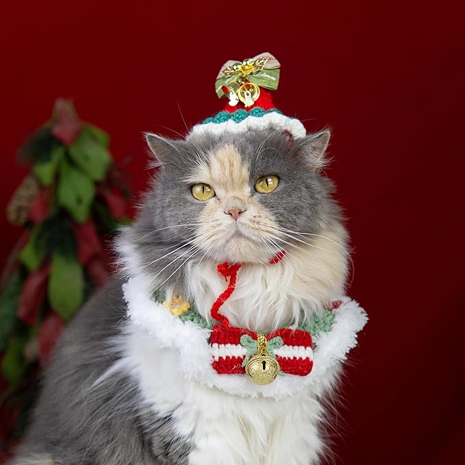 Christmas Cat Costume, Handmade Dog Holiday Outfit with Christmas Tree Hat & Wreath Scarf Set, Adjustable, Lightweight & Breathable, Pet Accessories for Xmas Party & Photos