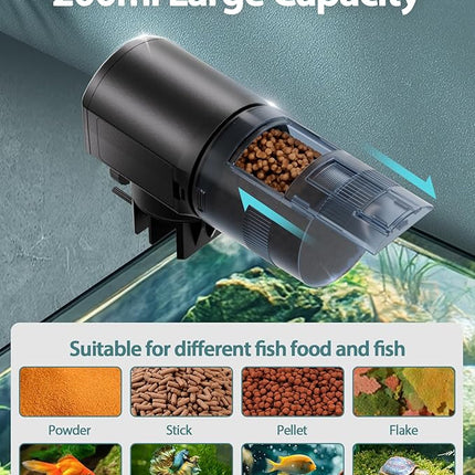 Automatic Fish Feeder Dispenser for Aquarium: 200ml Large Capacity Auto Feeders for Small Tank Turtle Betta Koi - Battery Food Feeding Timer for Flakes Pellet Vacation Weekend Day