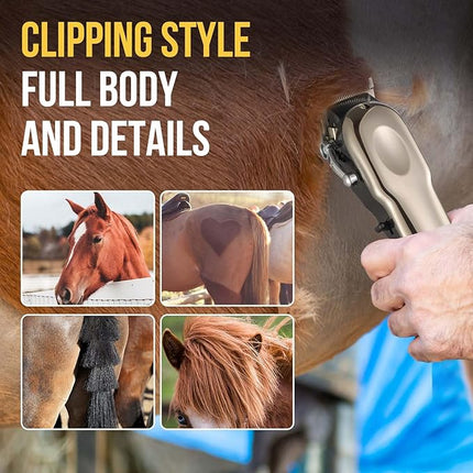 Horse Clippers Cordless Quiet, Professional Livestock Clippers with 4 Guide Guards, Electric Rechargeable Cordless Grooming Clippers for Horse, Cats and Dogs